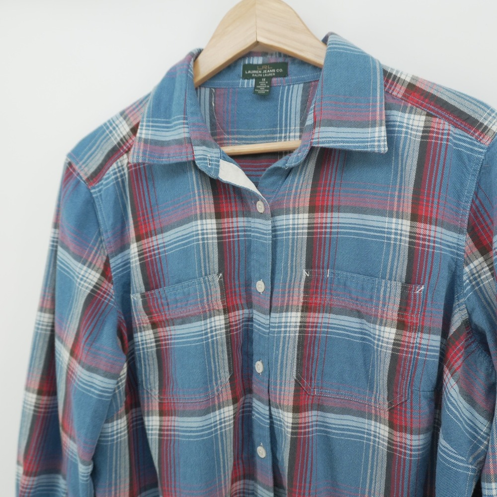 Lauren Jeans Co Ralph Lauren Plaid Shirt Womens 1X Blue Red Flannel Button Down